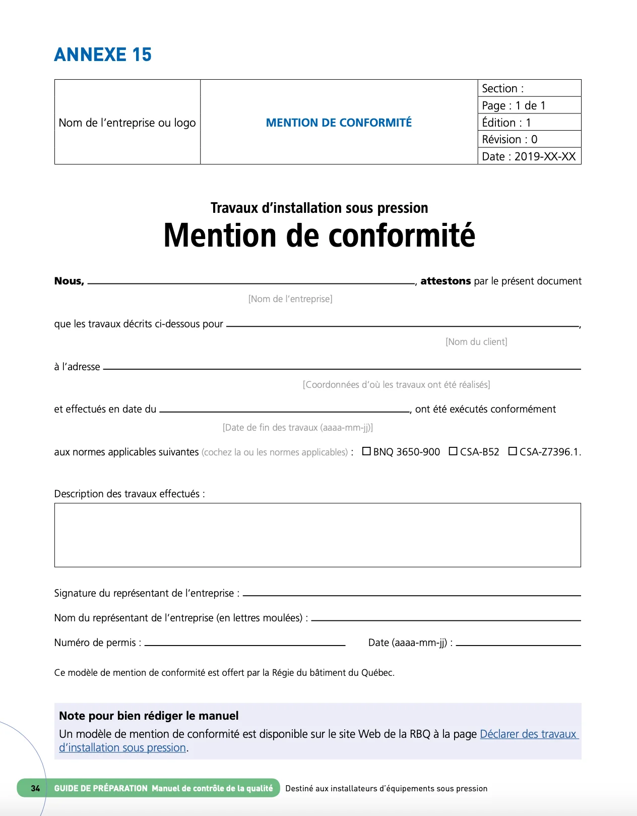 Exemple de mention de conformité (extrait du guide RBQ)