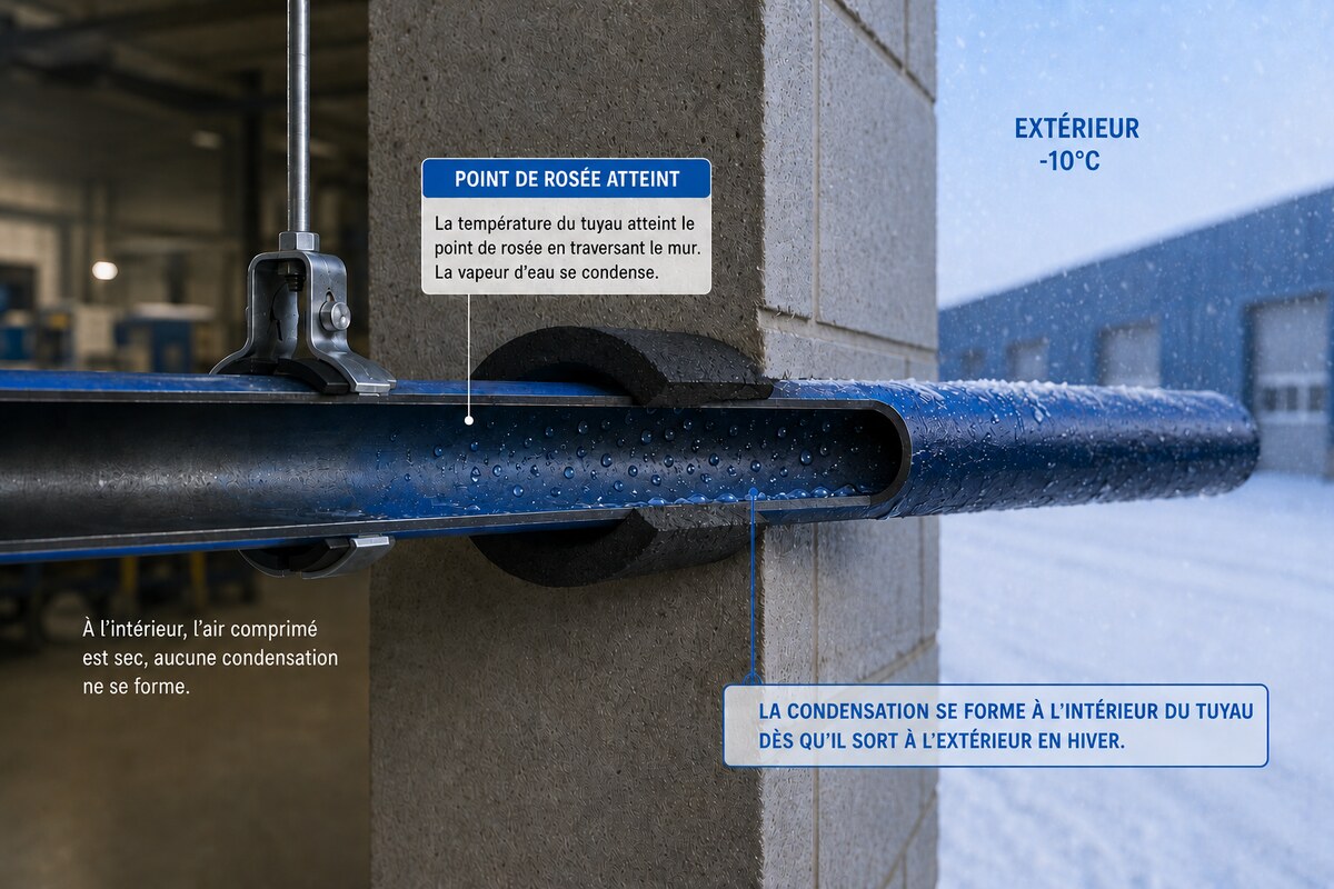 Tuyau d'air comprimé traversant un mur : à l'intérieur l'air comprimé est sec, mais dès qu'il sort à l'extérieur à -10 °C le point de rosée est atteint et la condensation se forme dans le tuyau