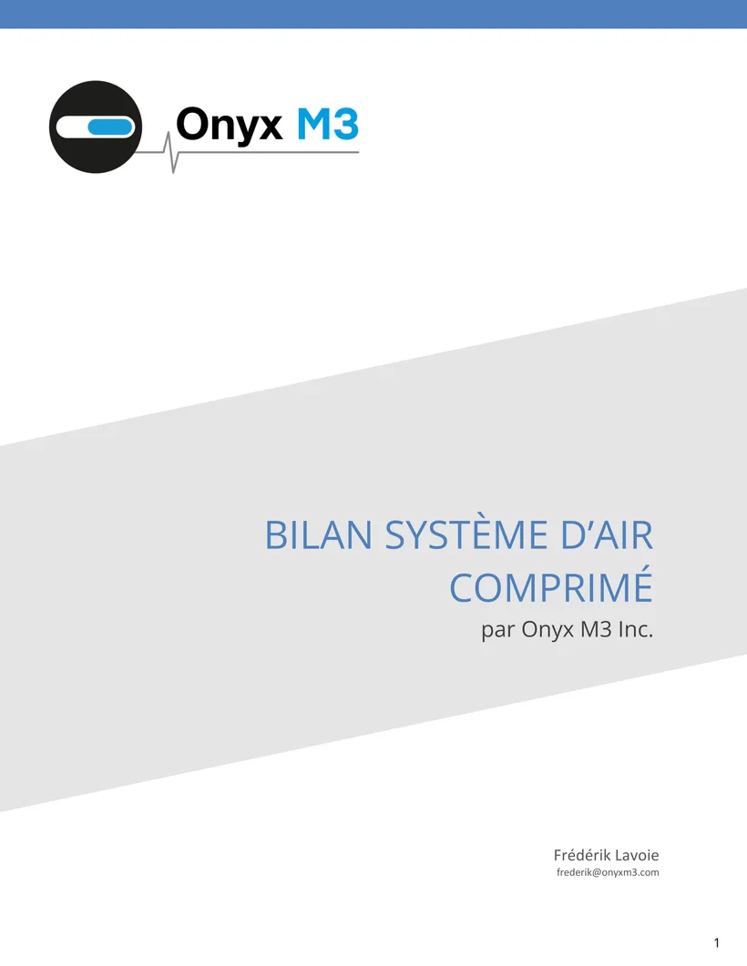 Page couverture d’un rapport de bilan de système d’air comprimé (Onyx M3).