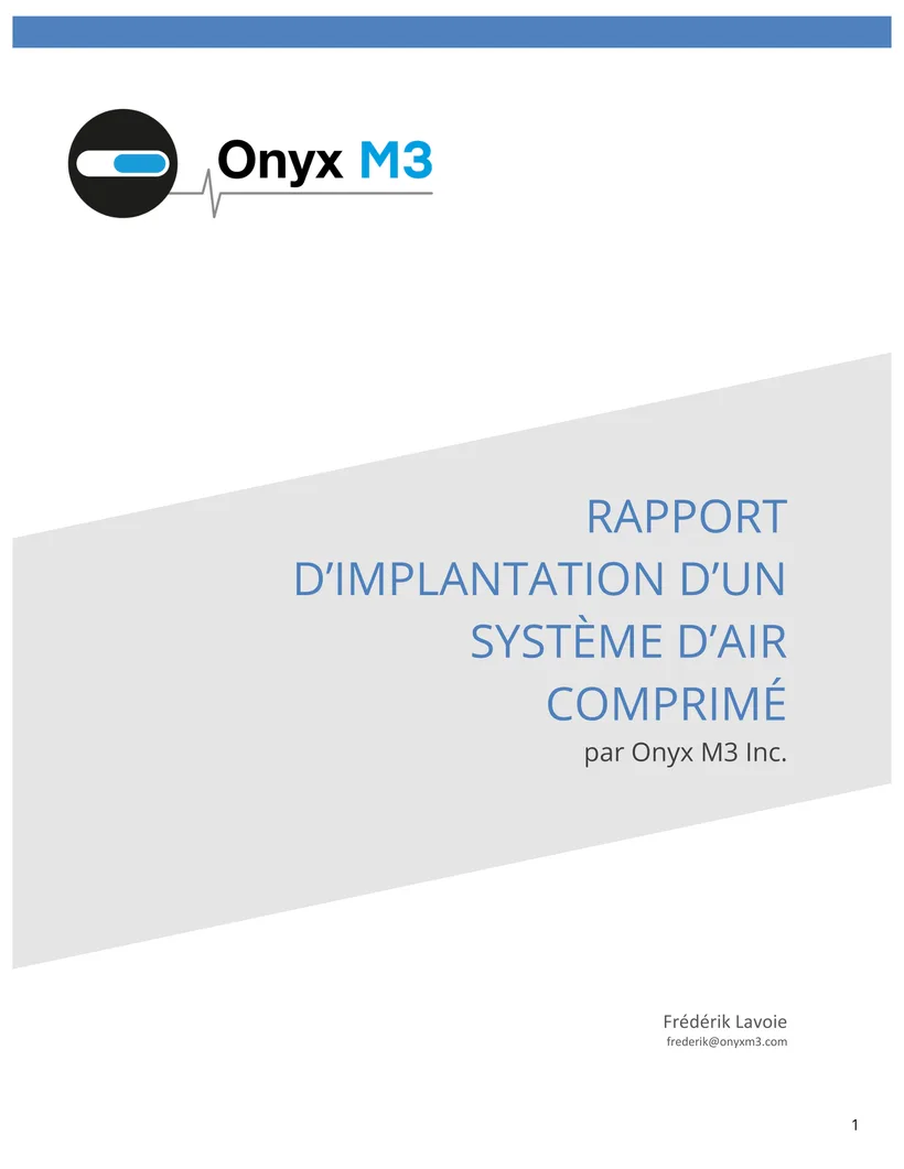 Page couverture d’un rapport d’implantation d’un système d’air comprimé (Onyx M3).