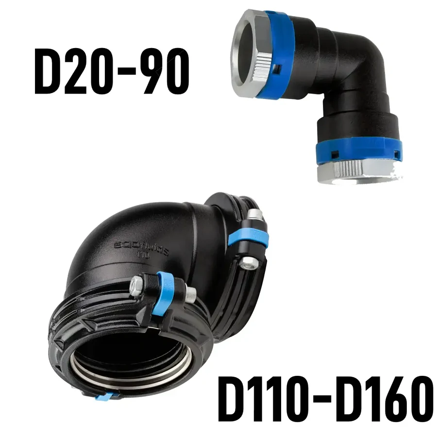 Coude 90° EQOfluids : version push (D20–90) et version à collet (D110–160)