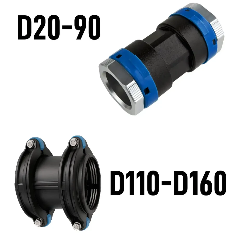 Raccord droit EQOfluids : version push (D20–90) et version à collet (D110–160)