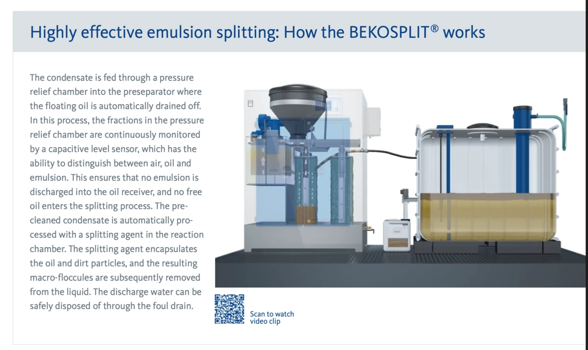 Schéma de principe du BEKOSPLIT : chambre de dépressurisation, pré-séparateur, chambre de réaction avec agent de floculation et filtration sur sacs