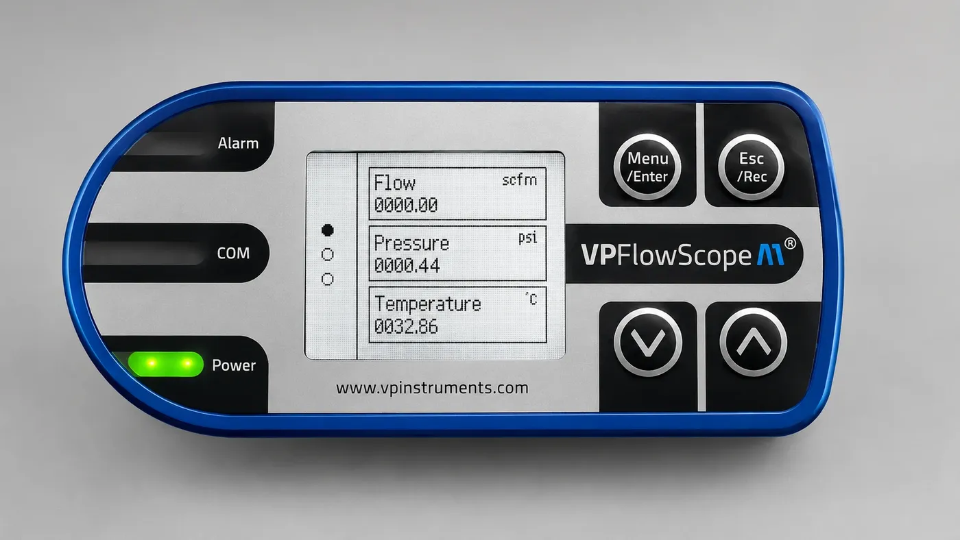 Afficheur d’un débitmètre VPInstruments VPFlowScope montrant en direct le débit, la pression et la température de l’air comprimé sur le terrain.