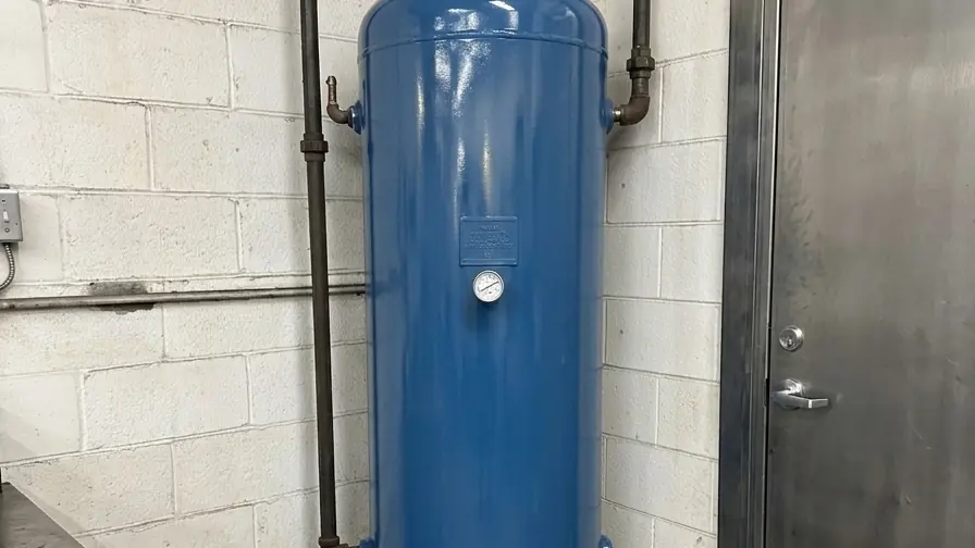 Réservoir d'air comprimé vertical installé en usine, plaque signalétique et manomètre visibles sur la coque.