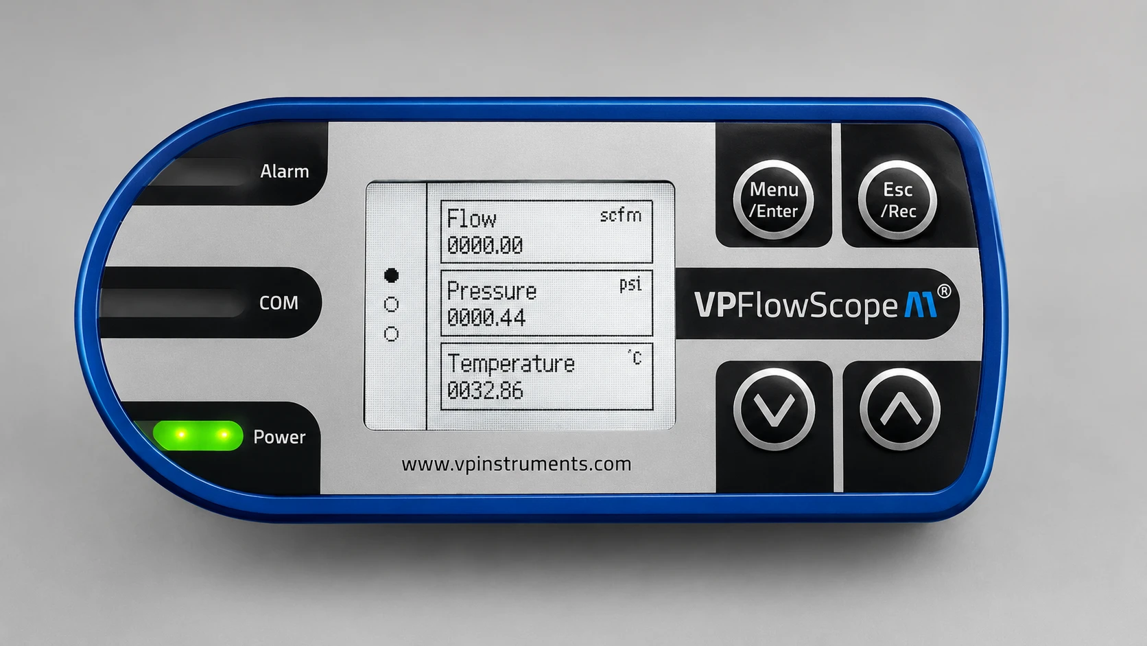 Afficheur du VPFlowScope M montrant le débit en scfm, la pression en psi et la température en °C