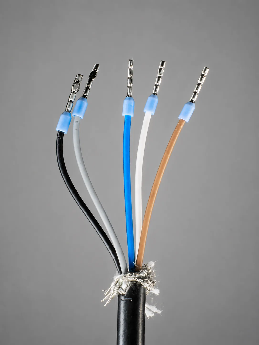 Câble VPInstruments dénudé montrant les 5 conducteurs (brun, blanc, bleu, noir, gris) et le blindage tressé