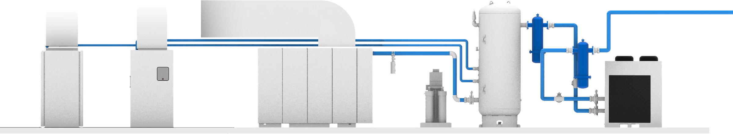 Schéma d’un système d’air comprimé industriel vu de face : compresseurs, sécheur, réservoir, filtration et réseau de distribution.